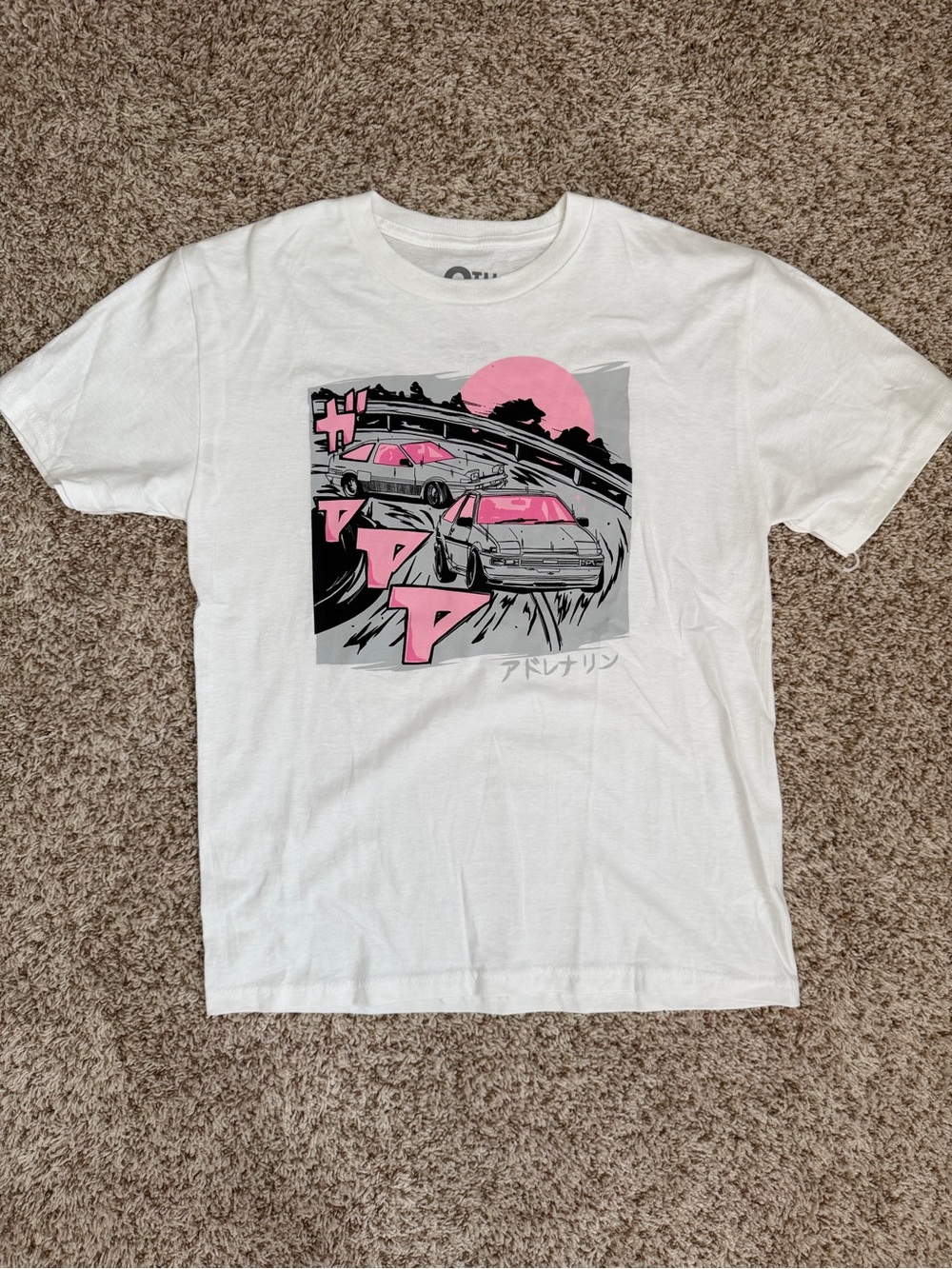 White Kids Graphic Racing Tee with Pink Accents